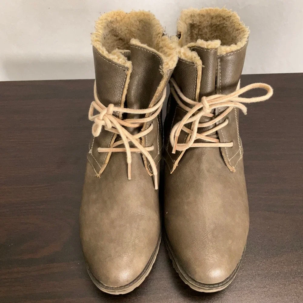 Sporto Ankle Boots Women 9 Olive Green Faux Shearling Lined Lace Up Zip Casual